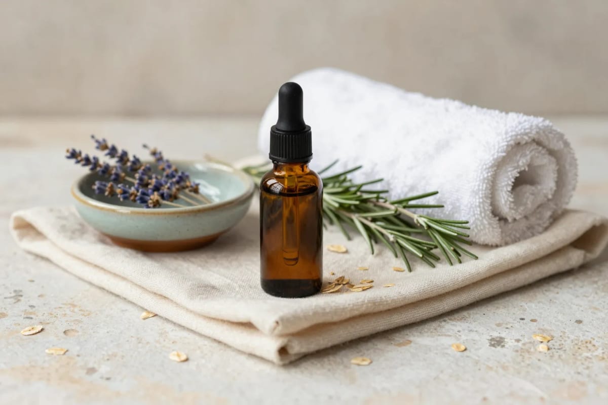 Small dark glass bottles of massage oil on a linen cloth, next to a dish of dried herbs.