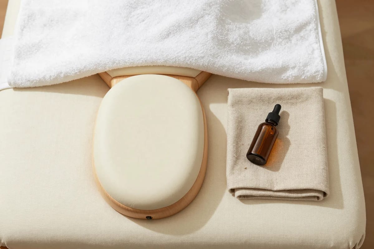 A massage table with a face cradle and a folded towel, seen from above in warm afternoon light.