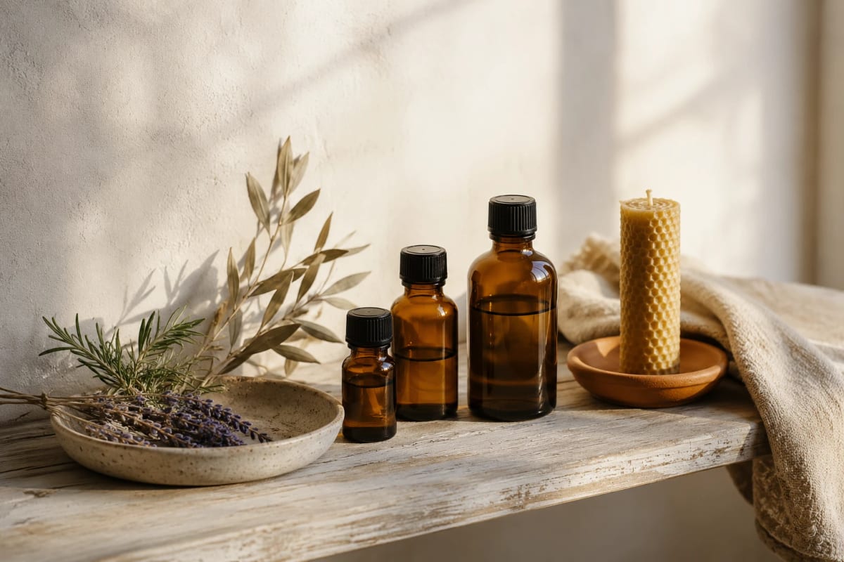 Amber dropper bottles of essential oil, a sprig of dried lavender and a folded linen cloth on a pale stone surface.