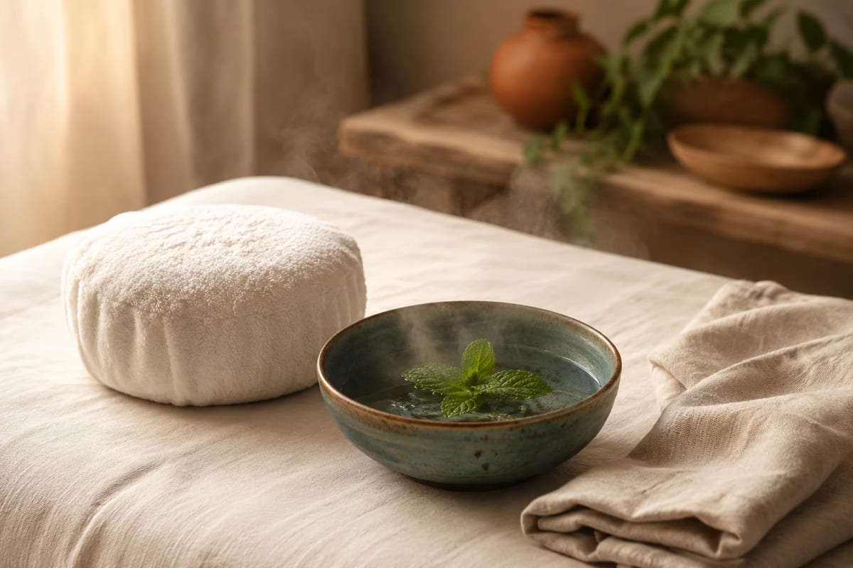 A towel-wrapped foot resting on a small cushion at the end of a massage table, with a bowl of warm water beside it.