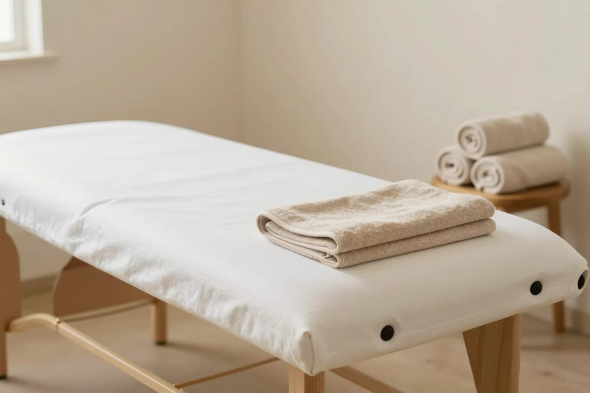 A massage table made up with fresh linen and a rolled towel, ready for a full body session.