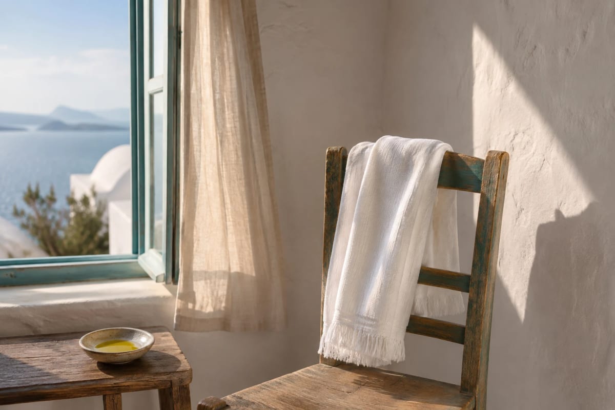 A simple wooden chair with a folded towel over the back, set up by an open window for a seated head massage.