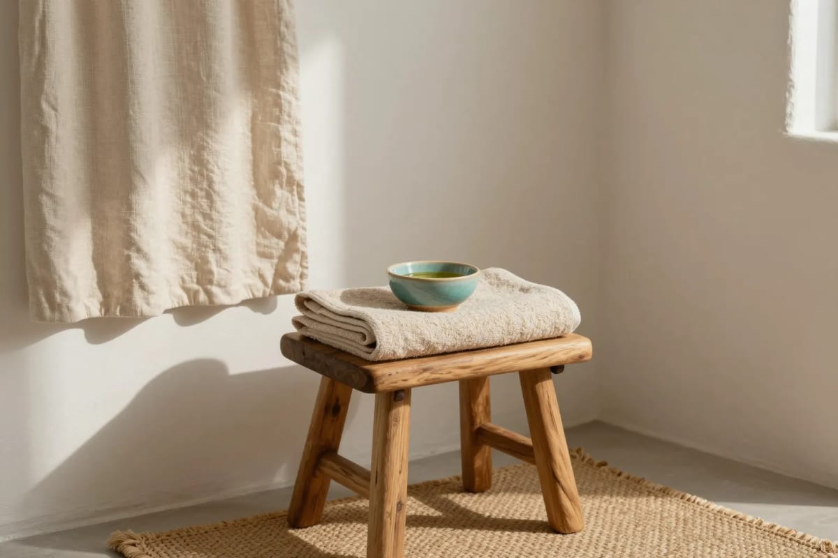 A quiet treatment corner with soft daylight, folded towels and a bottle of oil on a wooden stool.