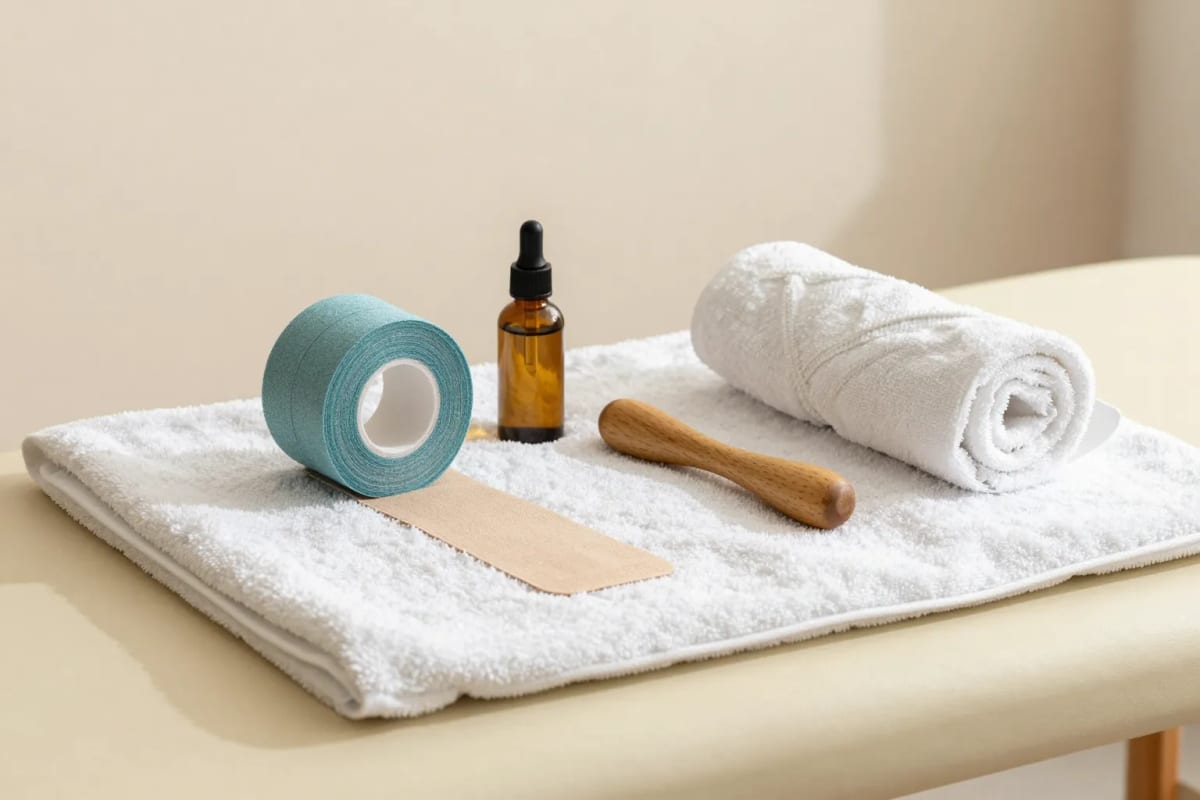 Hands working through the muscle of a towel-draped calf on a massage table.
